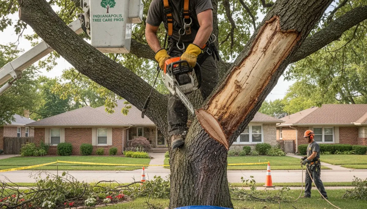 Arborist removing dead branches from mature tree for safe trimming in Indianapolis IN