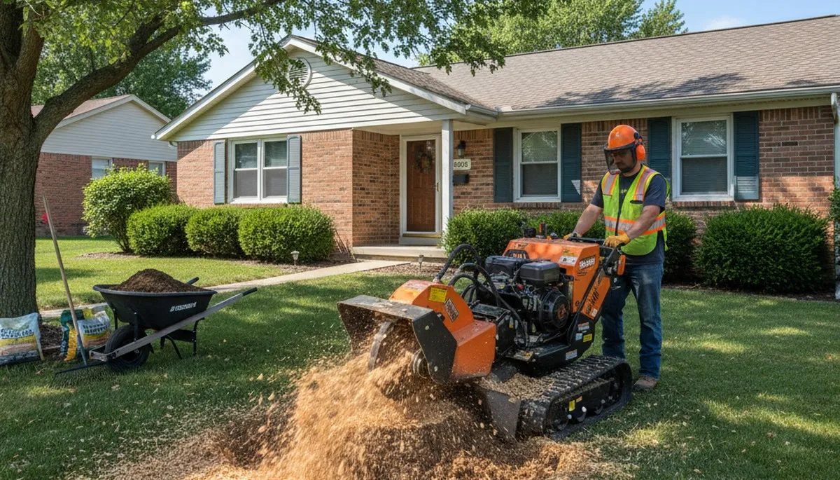Professional stump grinding removes tree stumps in Brownsburg, IN for lawn restoration and pest prevention