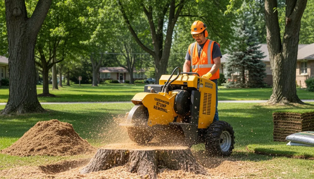 Professional stump grinding in Greenwood, IN removing tree stumps for lawn restoration and landscaping